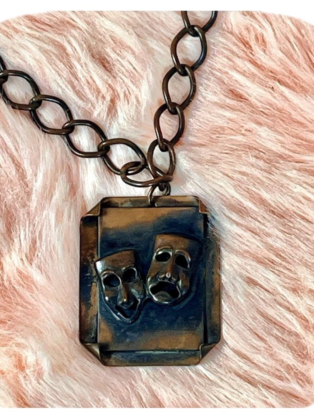Vintage Biker Copper Chain Choker w Theater Mask Pendant Necklace Handmade 1/1